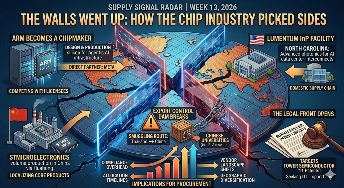 Semiconductor supply chain graphic showing trade barriers and regional chip blocs forming around export controls.