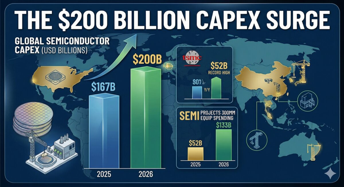 Chip fabrication investment graphic representing a $200 billion semiconductor capex surge across foundries and equipment.