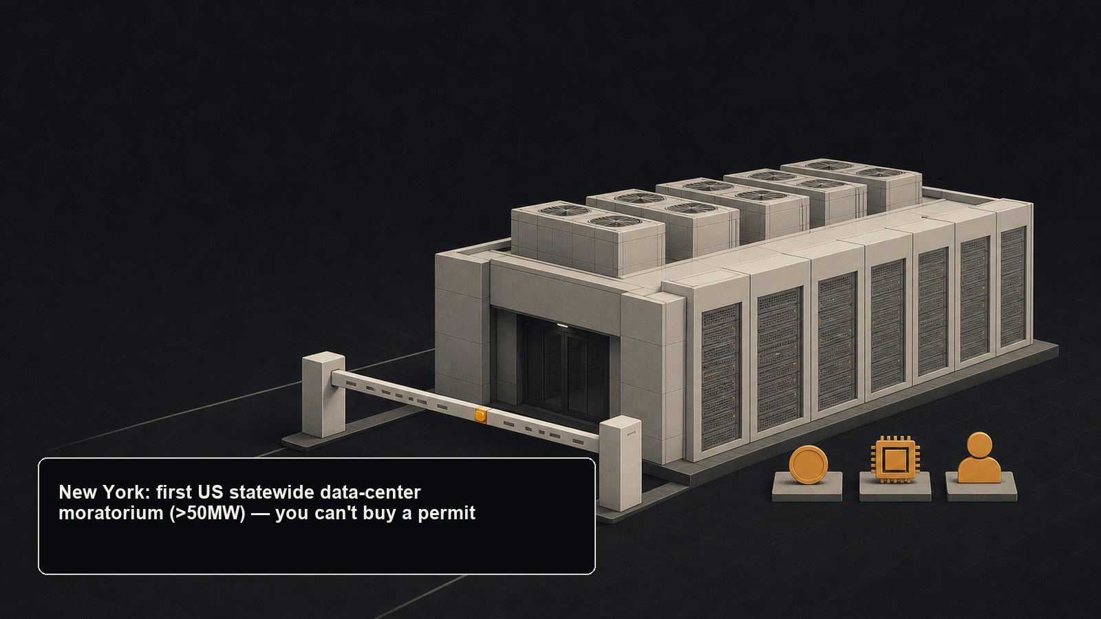 A finished data center with money, a chip, and a customer at its base but a lowered barrier holding it — New York's data-center moratorium as the new permission gate.
