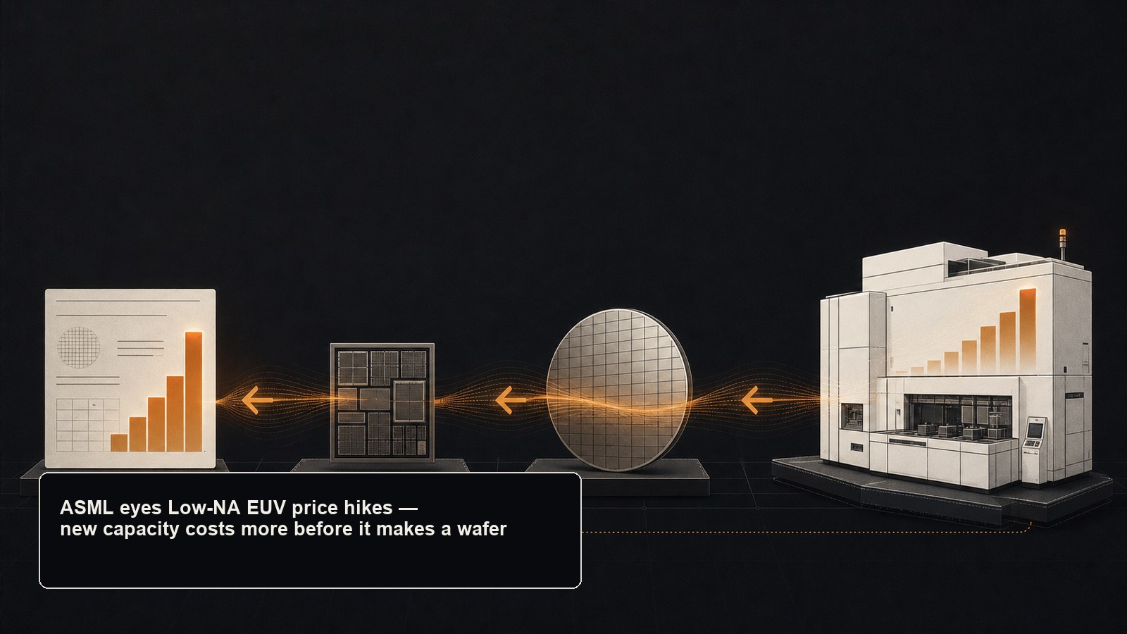 An amber cost increment rising on a lithography tool and flowing back to a wafer quote — ASML's Low-NA EUV price increases reaching advanced-node pricing.