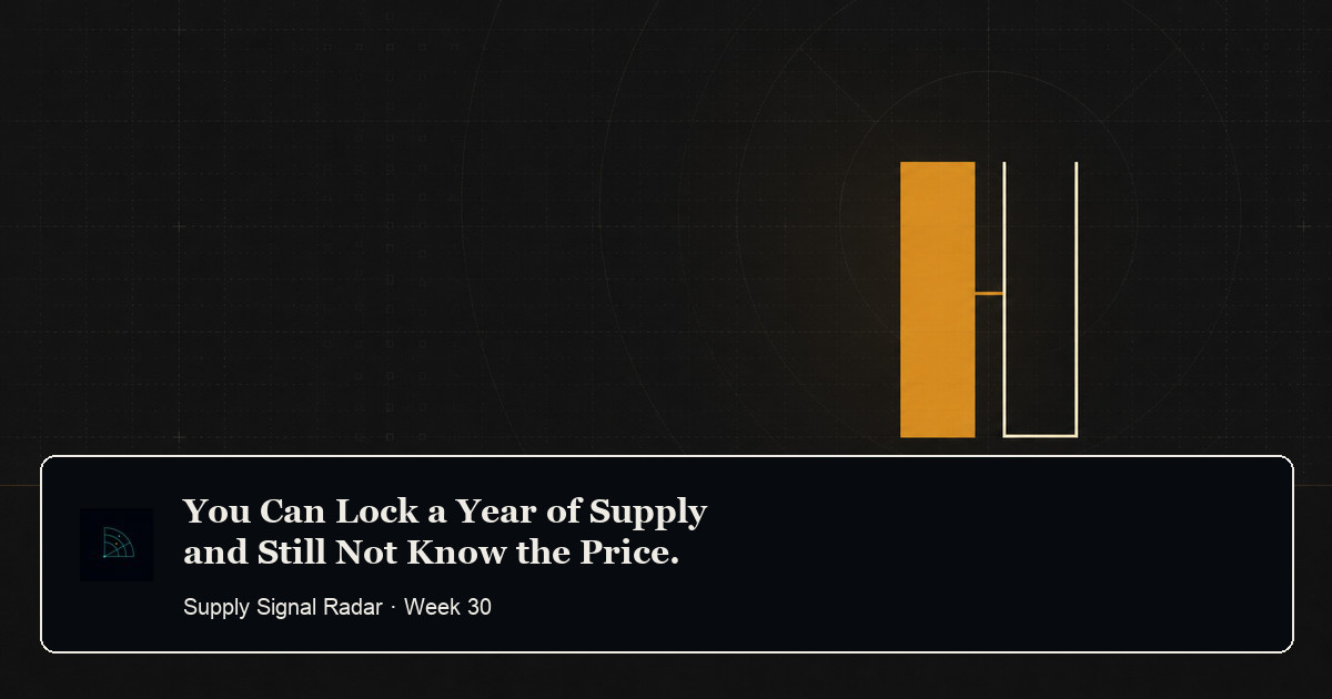 Supply Signal Radar Week 30 — one sealed amber column beside one hollow open-topped outline: buyers locked the volume and left the price open.