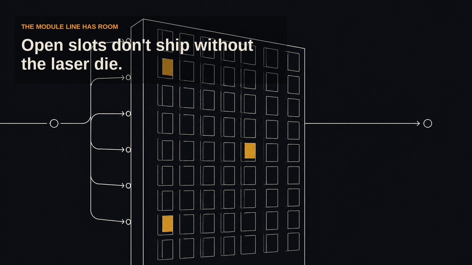 A row of large empty outlined slots with only a few small solid amber squares inside them — open module assembly capacity waiting on a scarce laser die.