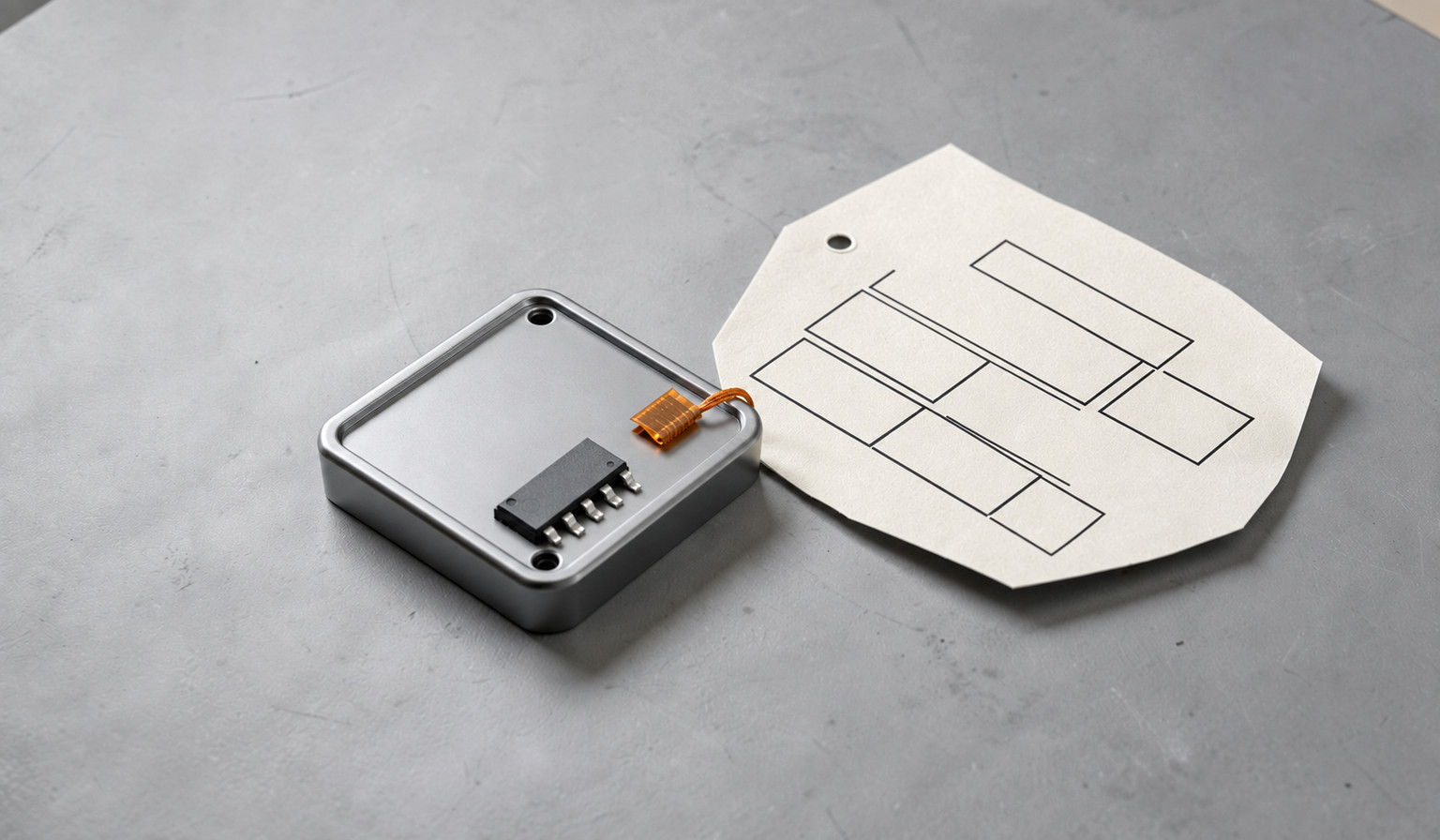A single chip in a metal component tray beside a production traveler on a grey workbench.