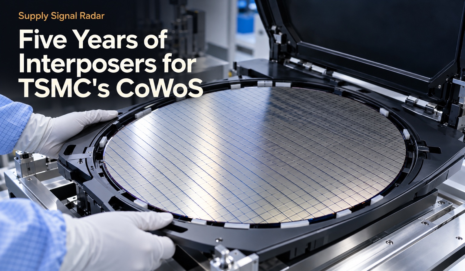 Gloved hands holding an open carrier with a silicon wafer that shows a fine grid pattern.