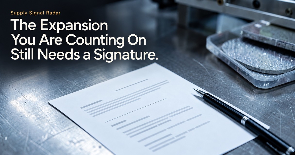 Supply Signal Radar article card: an unsigned agreement page and a pen on a steel workbench.