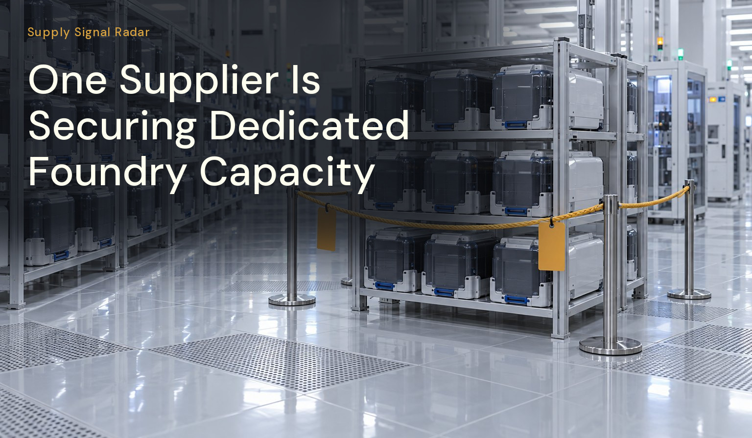 Rows of closed wafer carriers on shelves, with one section set apart behind a rope barrier.