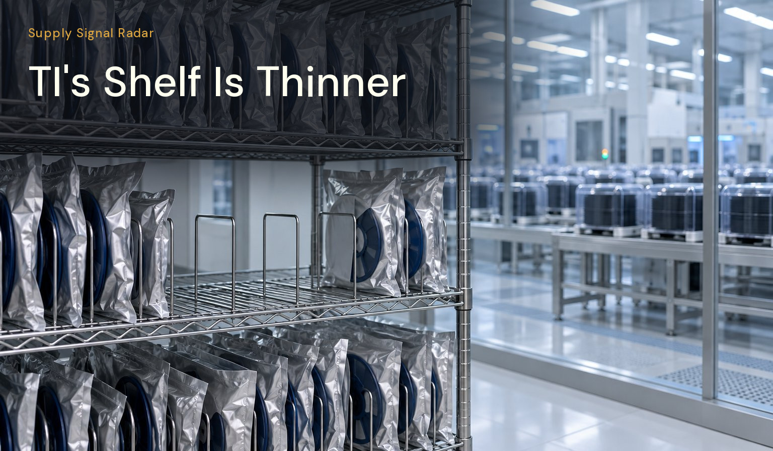 A storage rack of component reels with gaps on the front shelf, and a cleanroom line behind glass.