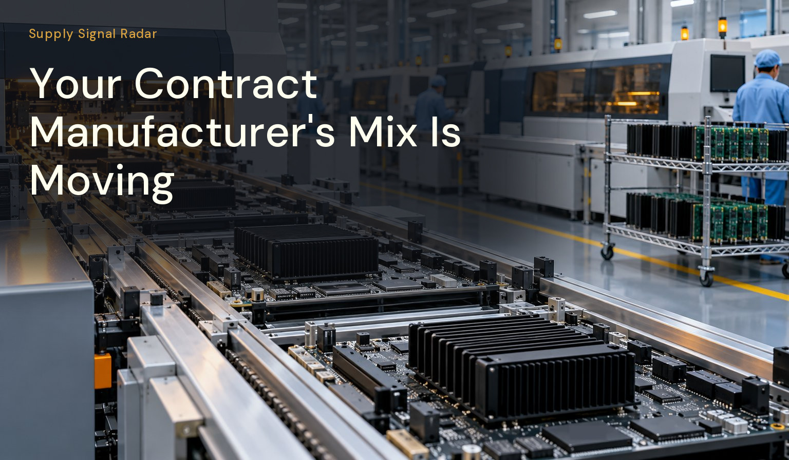 Two circuit-board assembly lines: the near line busy with large server boards, the far line quiet.