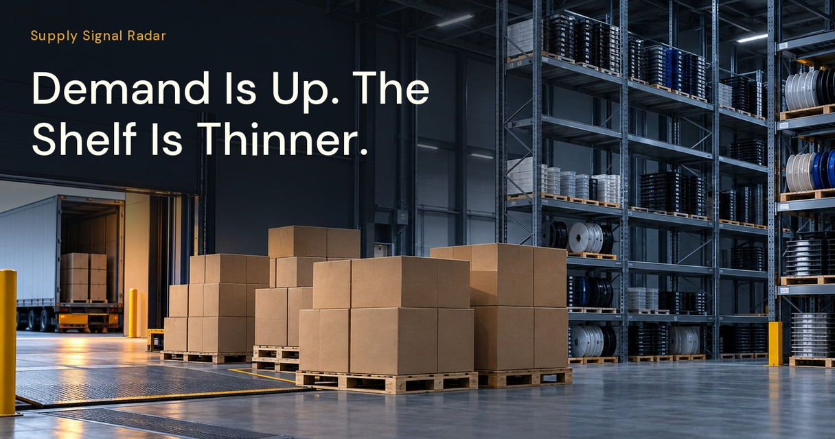 Supply Signal Radar article card: sealed cartons at a loading dock in front of half-empty storage racks.